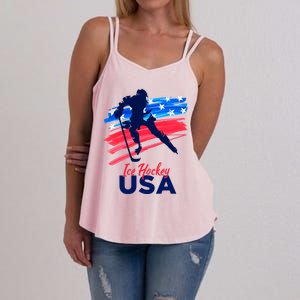 Ice Hockey Usa Support The Team Gift Usa Flag Hockey Lover Funny Gift Women's Strappy Tank