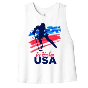 Ice Hockey Usa Support The Team Gift Usa Flag Hockey Lover Funny Gift Women's Racerback Cropped Tank