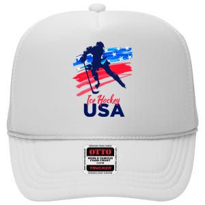 Ice Hockey USA Support The Team USA Flag Hockey Lover High Crown Mesh Back Trucker Hat