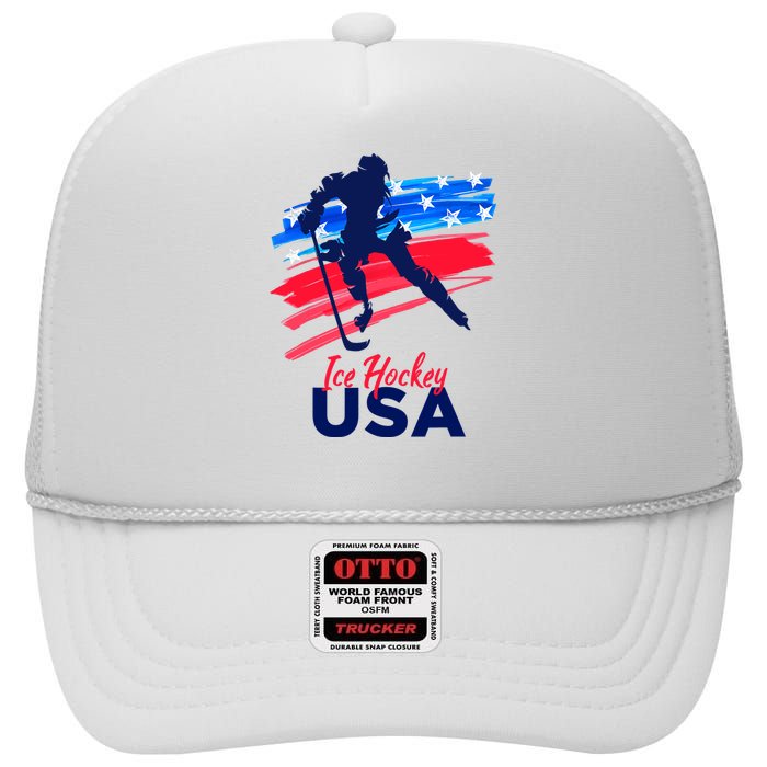 Ice Hockey USA Support The Team USA Flag Hockey Lover High Crown Mesh Back Trucker Hat