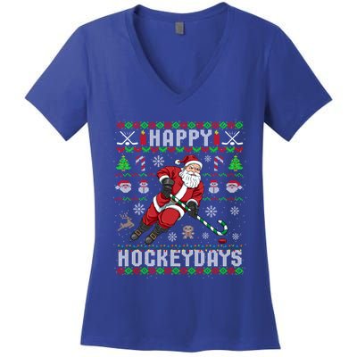 Ice Hockey Ugly Christmas Santa Claus Happy Hockeydays Gift Women's V-Neck T-Shirt