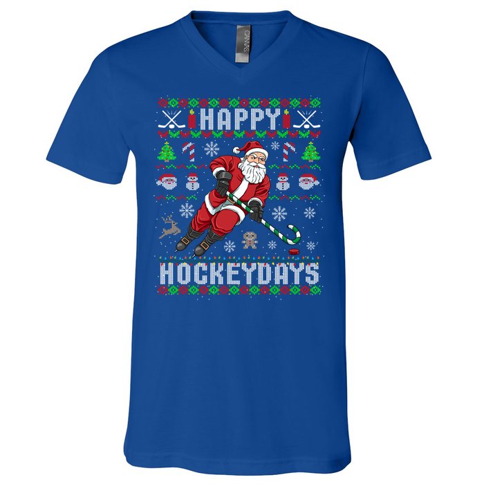 Ice Hockey Ugly Christmas Santa Claus Happy Hockeydays Gift V-Neck T-Shirt