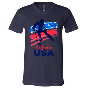 Ice Hockey Usa Support The Team Gift Usa Flag Hockey Lover Meaningful Gift V-Neck T-Shirt