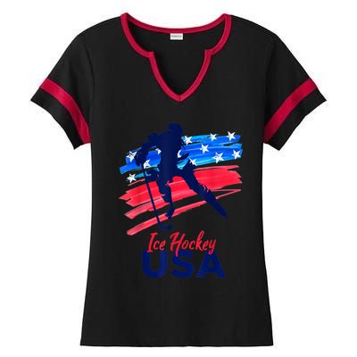 Ice Hockey USA Flag Hockey Lover Ladies Halftime Notch Neck Tee