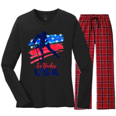 Ice Hockey USA Flag Hockey Lover Women's Long Sleeve Flannel Pajama Set 