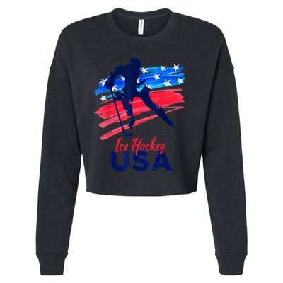 Ice Hockey USA Flag Hockey Lover Cropped Pullover Crew