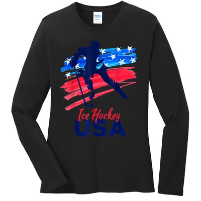 Ice Hockey USA Flag Hockey Lover Ladies Long Sleeve Shirt