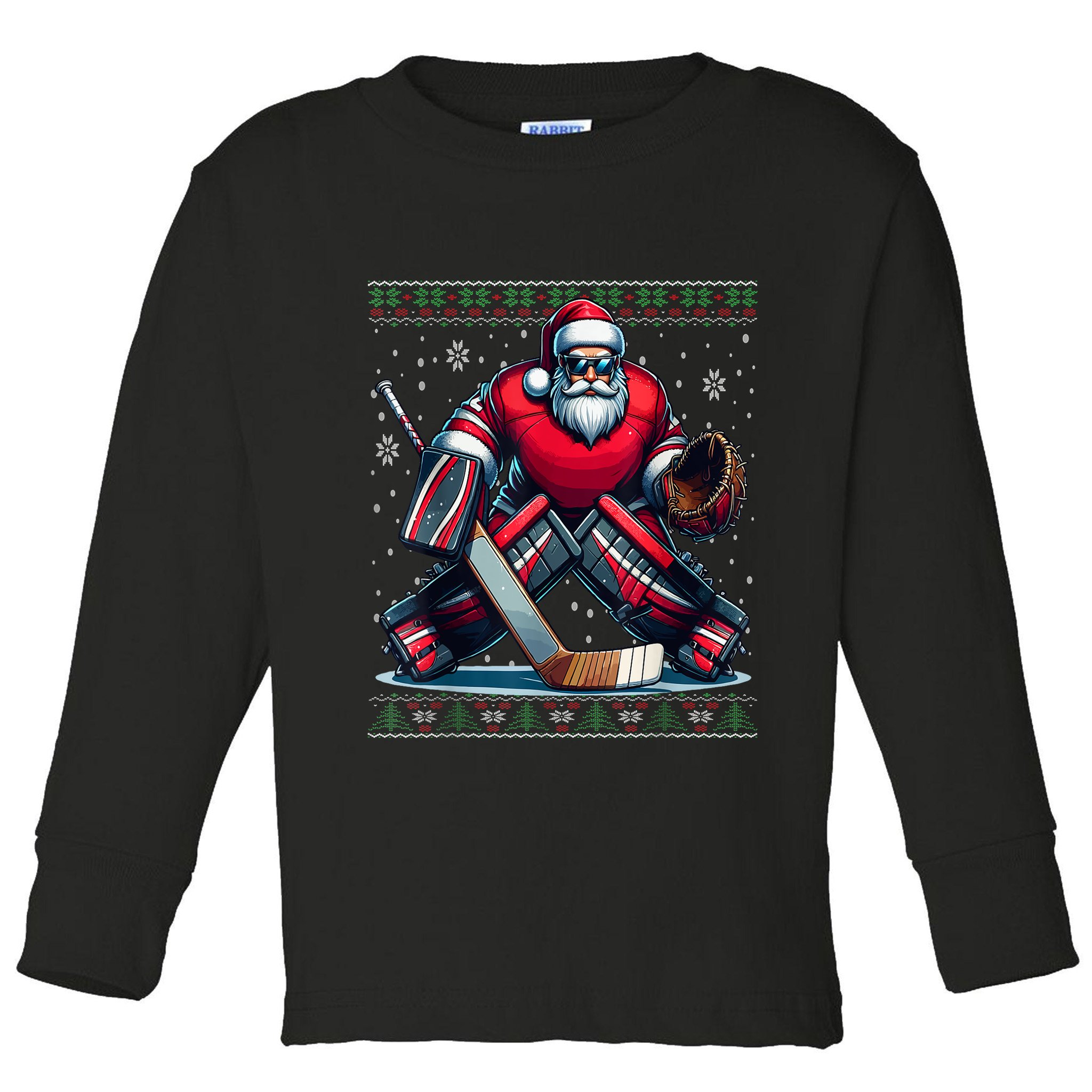 Ice Hockey Ugly Christmas Sweater Santa Hockey Goalie Gift Toddler Long Sleeve Shirt