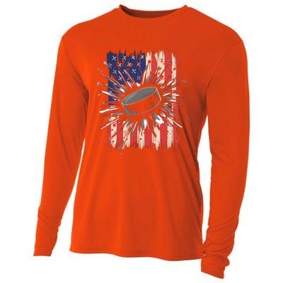 Ice Hockey Usa Flag Sports Fans Patriotic Gift Cooling Performance Long Sleeve Crew