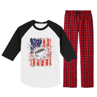 Ice Hockey Usa Flag Sports Fans Patriotic Gift Raglan Sleeve Pajama Set