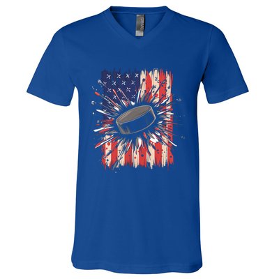 Ice Hockey Usa Flag Sports Fans Patriotic Gift V-Neck T-Shirt