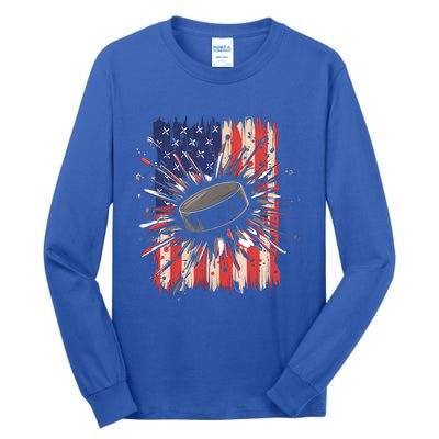 Ice Hockey Usa Flag Sports Fans Patriotic Gift Tall Long Sleeve T-Shirt