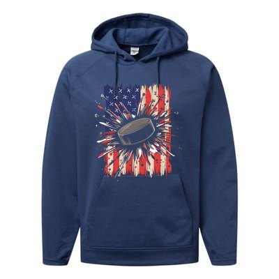 Ice Hockey Usa Flag Sports Fans Patriotic Gift Performance Fleece Hoodie