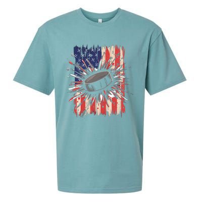 Ice Hockey Usa Flag Sports Fans Patriotic Gift Sueded Cloud Jersey T-Shirt