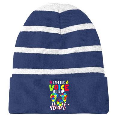 I'm Her Voice She Is My Heart Autism Mom Autism Aware Striped Beanie with Solid Band