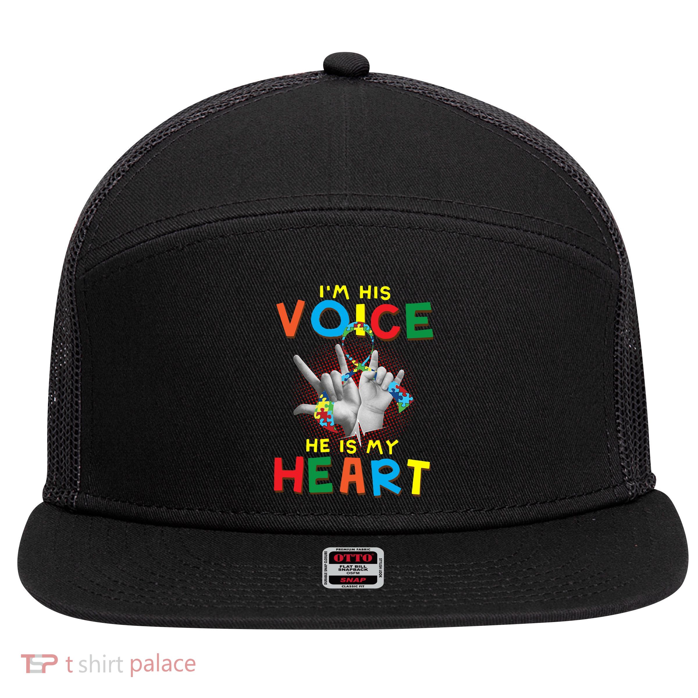 I'm His Voice He Is My Heart Autism Awareness 7 Panel Mesh Trucker Snapback Hat