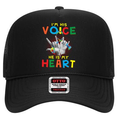 I'm His Voice He Is My Heart Autism Awareness High Crown Mesh Back Trucker Hat