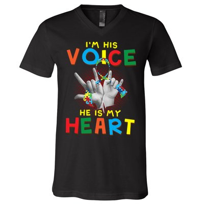 I'm His Voice He Is My Heart Autism Awareness V-Neck T-Shirt