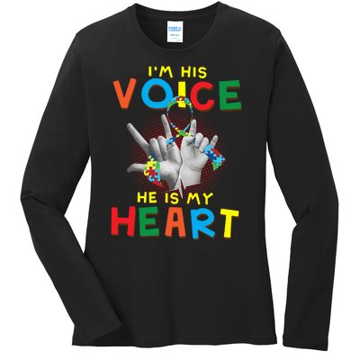 I'm His Voice He Is My Heart Autism Awareness Ladies Long Sleeve Shirt