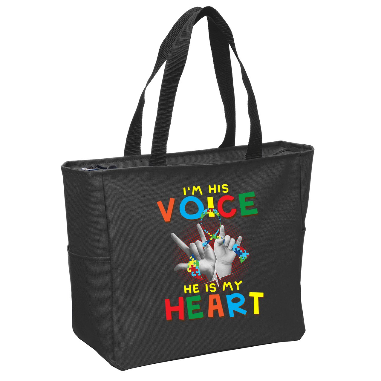 I'm His Voice He Is My Heart Autism Awareness Zip Tote Bag