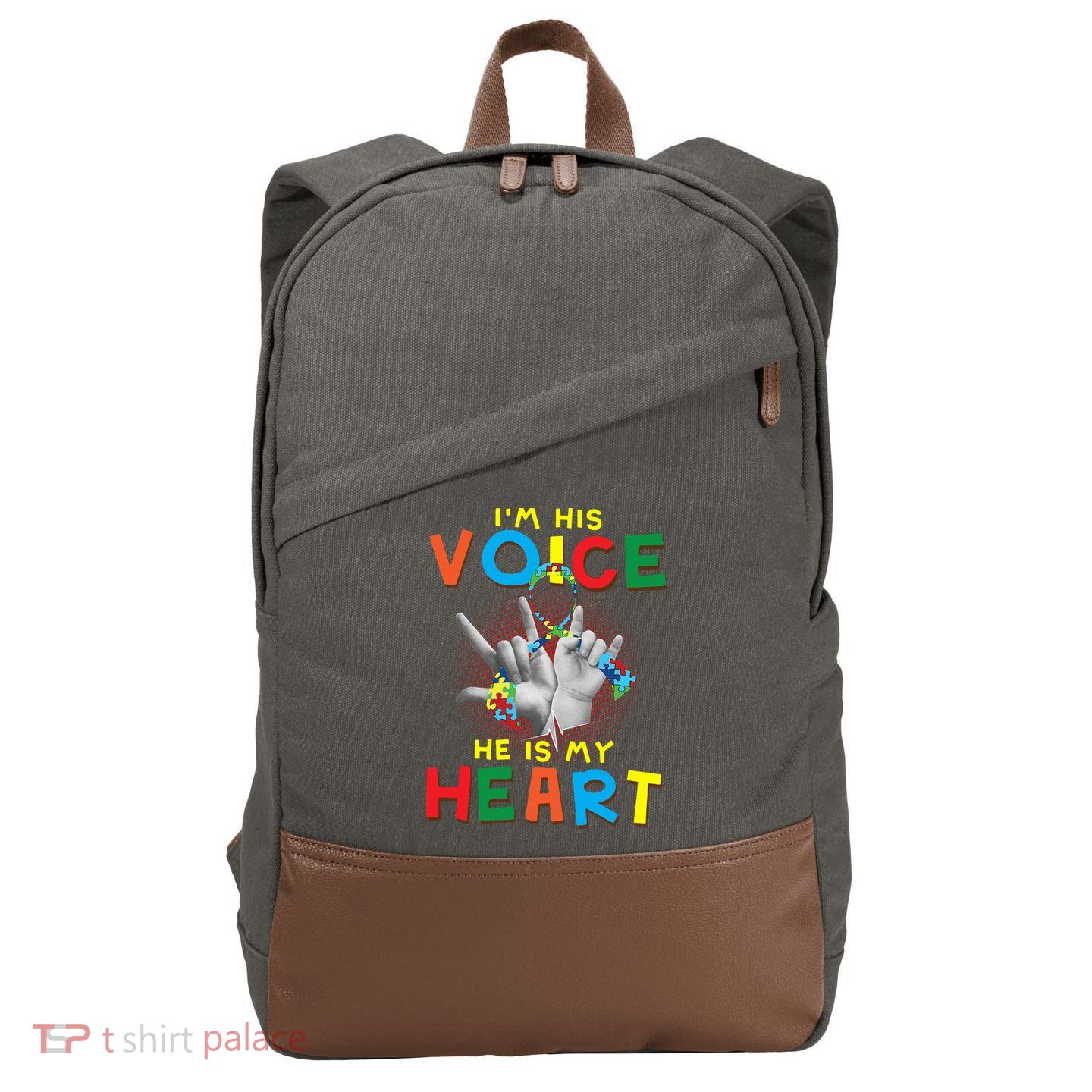 I'm His Voice He Is My Heart Autism Awareness Cotton Canvas Backpack