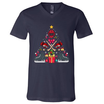 Ice Hockey Xmas Tree Decorations Santa Hockey Christmas V-Neck T-Shirt