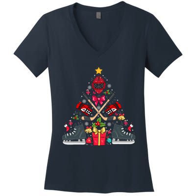 Ice Hockey Xmas Tree Decorations Santa Hockey Christmas Women's V-Neck T-Shirt