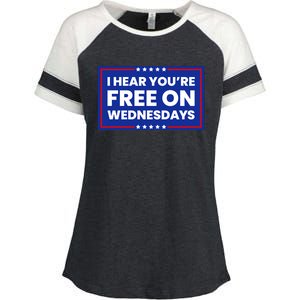 I Hear You’Re Free On Wednesdays Funny Biden Saying Enza Ladies Jersey Colorblock Tee