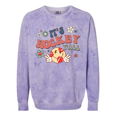 ItS Hockey YAll Game Day Happy Hippie Face Sport Lovers Gift Colorblast Crewneck Sweatshirt