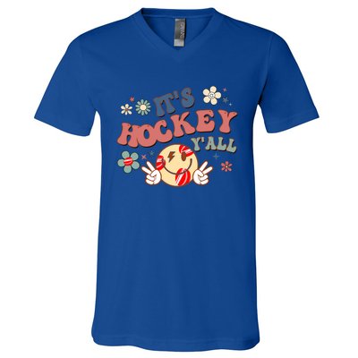 ItS Hockey YAll Game Day Happy Hippie Face Sport Lovers Gift V-Neck T-Shirt