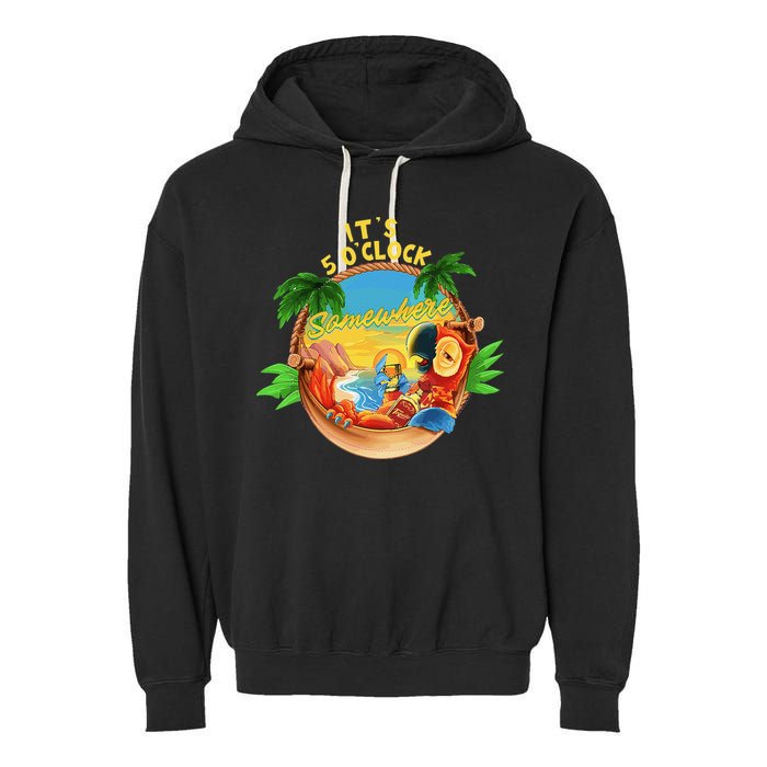 It Is 5 O'clock Somewhere Parrot Drinking Summer Vacation Garment-Dyed Fleece Hoodie