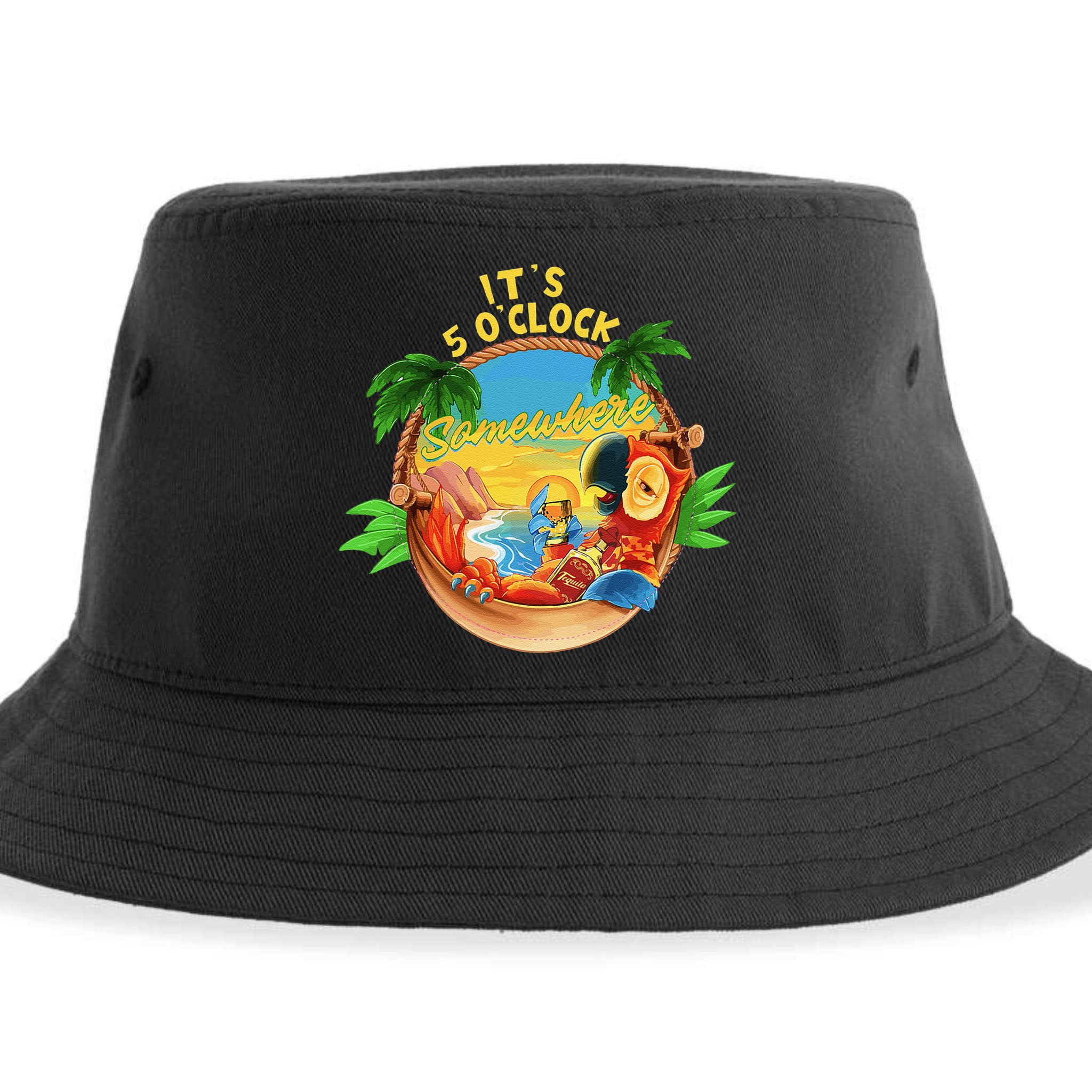 It Is 5 O'clock Somewhere Parrot Drinking Summer Vacation Sustainable Bucket Hat