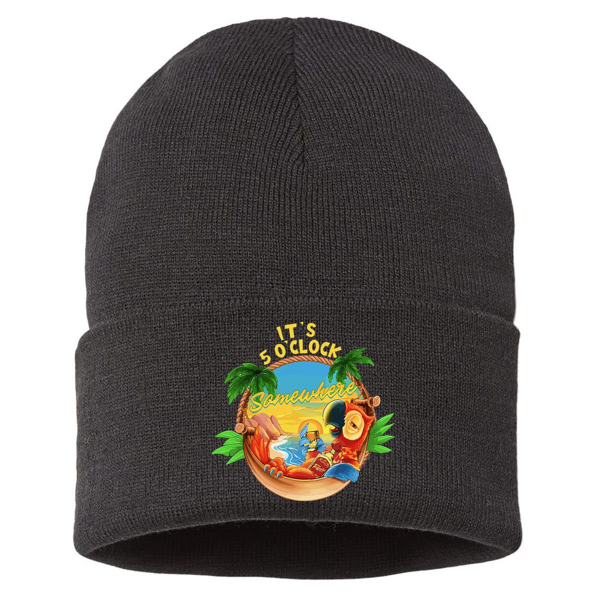 It Is 5 O'clock Somewhere Parrot Drinking Summer Vacation Sustainable Knit Beanie
