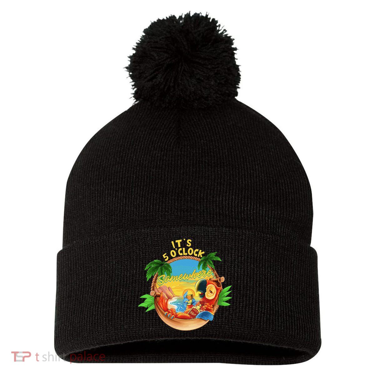 It Is 5 O'clock Somewhere Parrot Drinking Summer Vacation Pom Pom 12in Knit Beanie