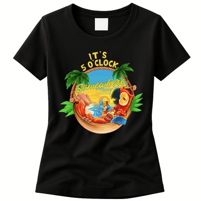 It Is 5 O'clock Somewhere Parrot Drinking Summer Vacation Womens T-Shirt