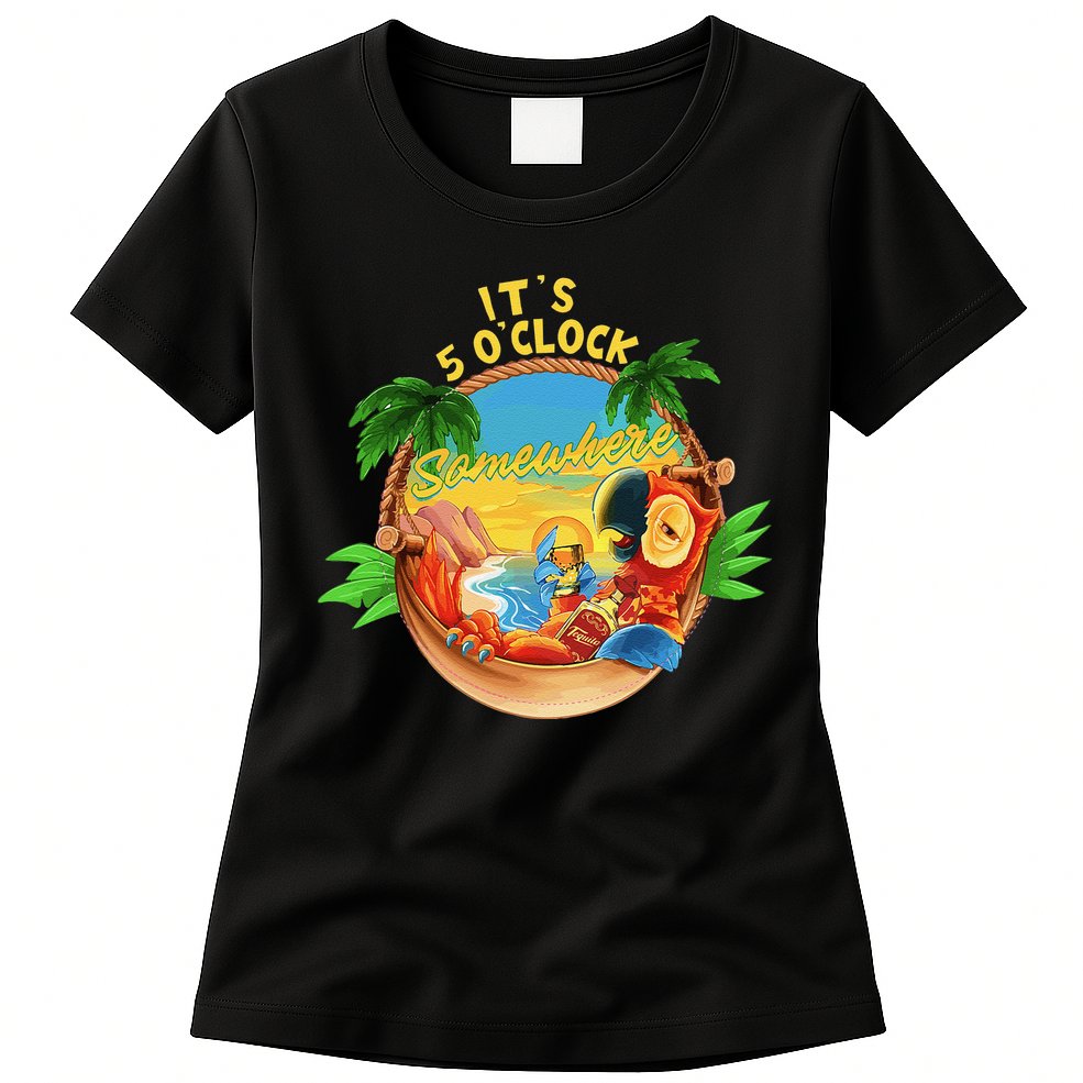 It Is 5 O'clock Somewhere Parrot Drinking Summer Vacation Womens T-Shirt
