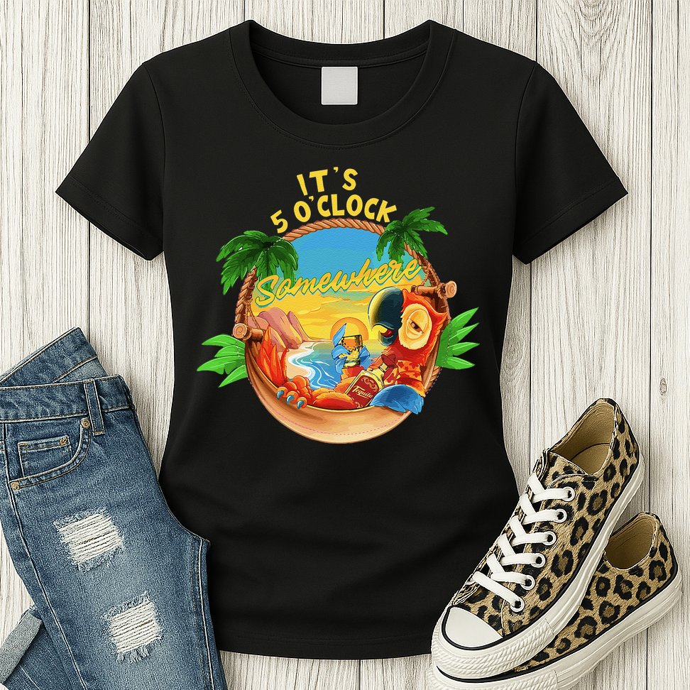 It Is 5 O'clock Somewhere Parrot Drinking Summer Vacation Womens T-Shirt