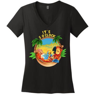 It Is 5 O'clock Somewhere Parrot Drinking Summer Vacation Women's V-Neck T-Shirt