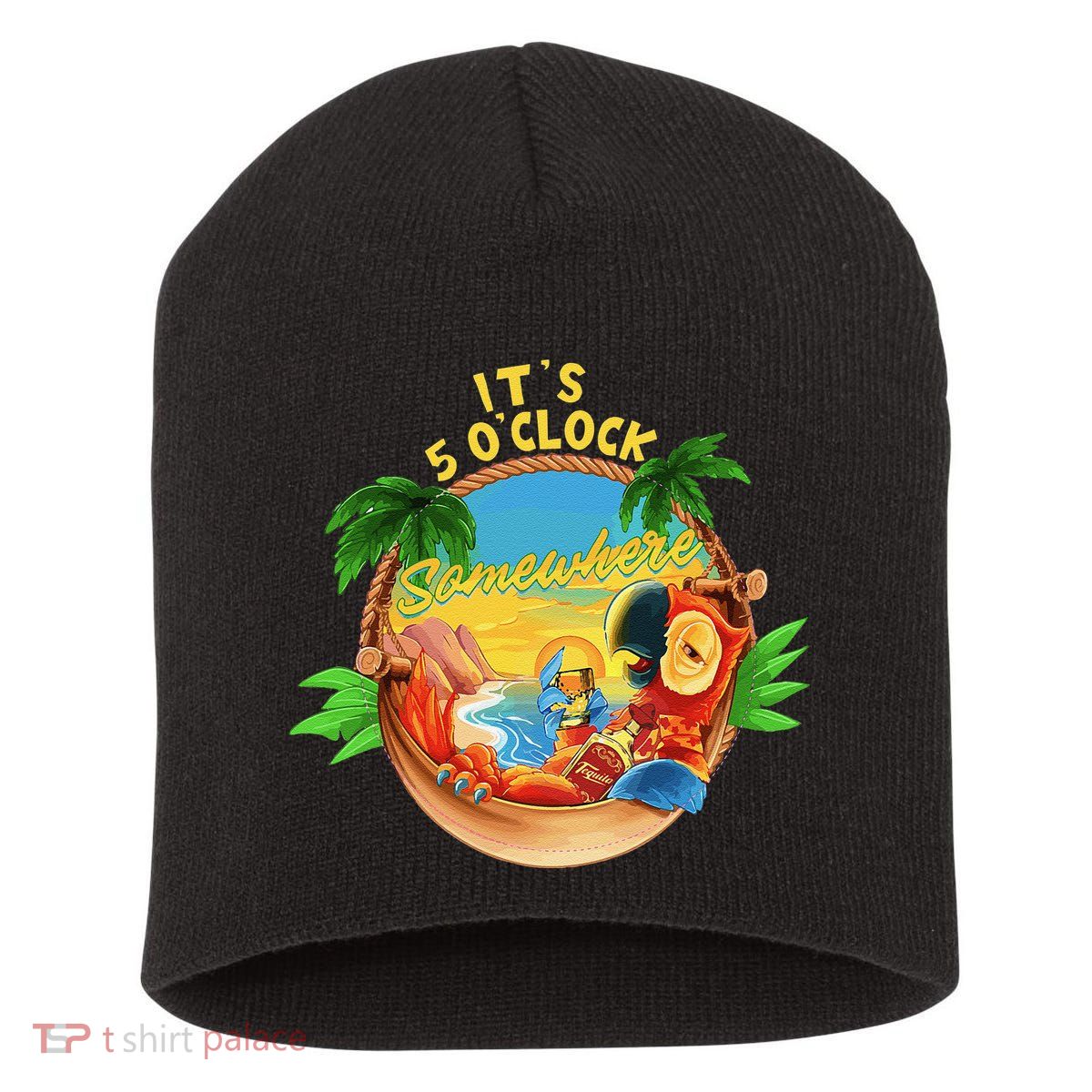 It Is 5 O'clock Somewhere Parrot Drinking Summer Vacation Short Acrylic Beanie
