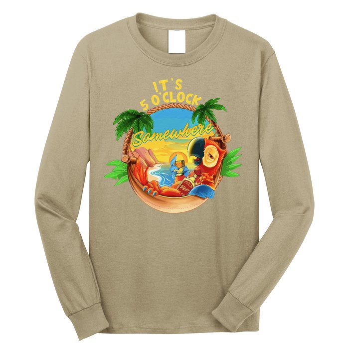 It Is 5 O'clock Somewhere Parrot Drinking Summer Vacation Long Sleeve Shirt