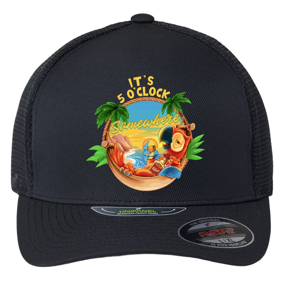 It Is 5 Oclock Somewhere Parrot Drinking Summer Vacation Flexfit Unipanel Trucker Cap