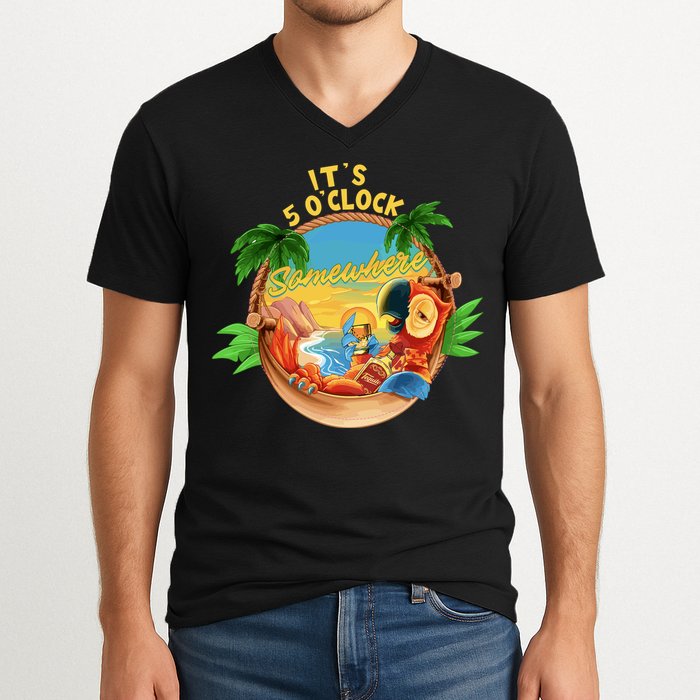 It Is 5 Oclock Somewhere Parrot Drinking Summer Vacation V-Neck T-Shirt