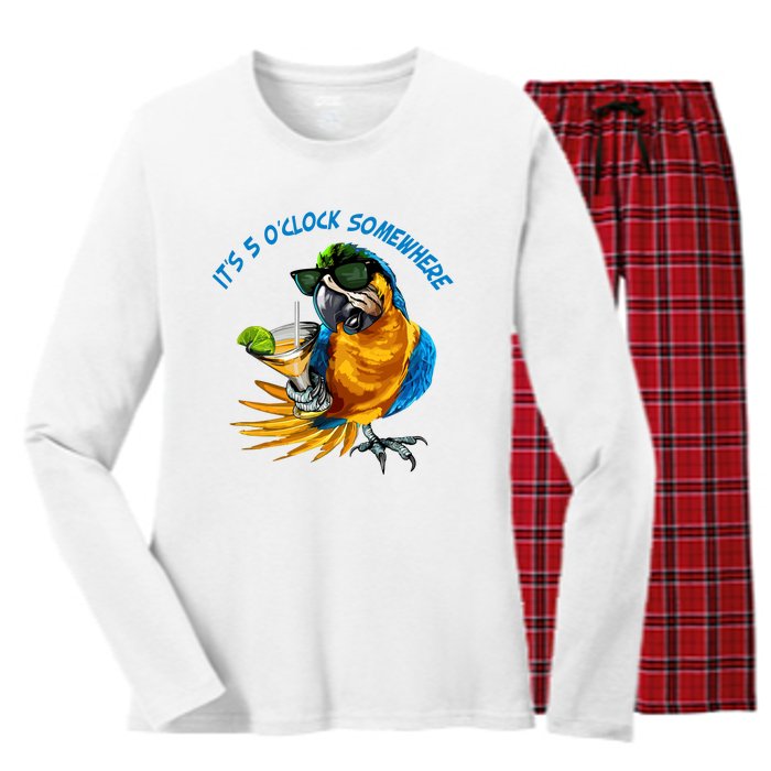 It Is 5 Oclock Somewhere Parrot Drinking Summer Vacation Women's Long Sleeve Flannel Pajama Set 