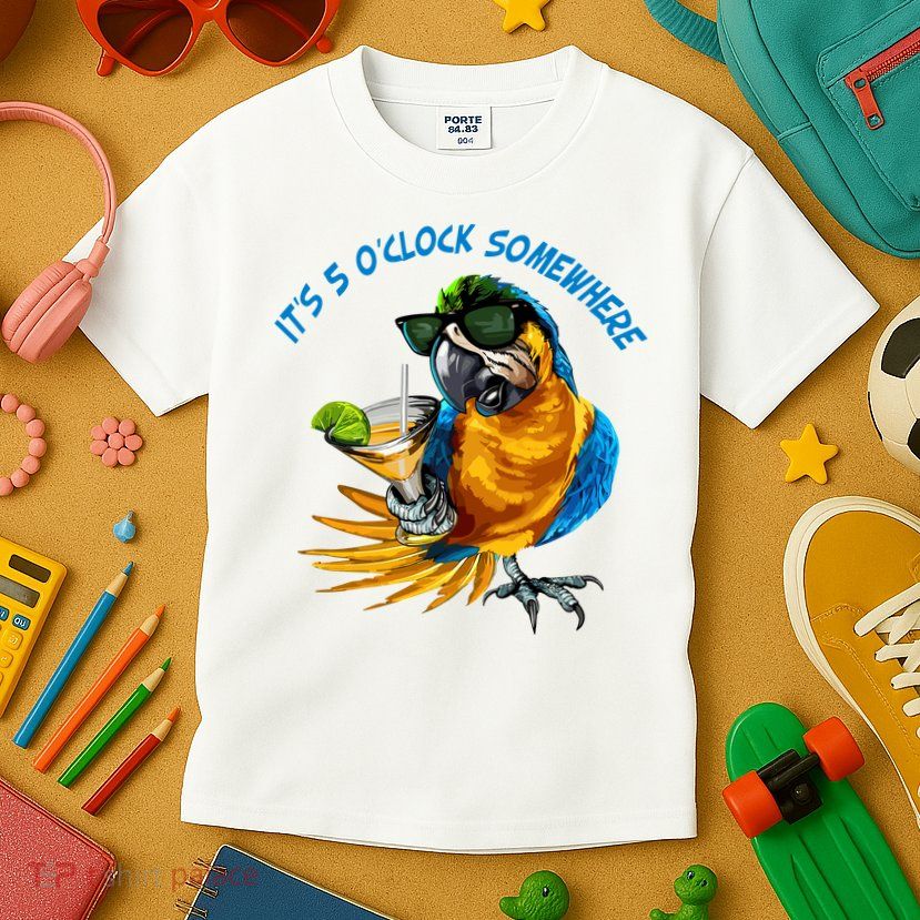 It Is 5 Oclock Somewhere Parrot Drinking Summer Vacation Kids T-Shirt