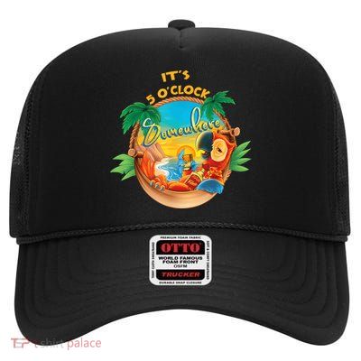 It Is 5 Oclock Somewhere Drinking Parrot High Crown Mesh Back Trucker Hat