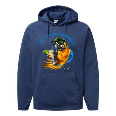 It Is 5 Oclock Somewhere Drinking Parrot Performance Fleece Hoodie