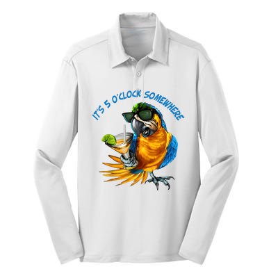 It Is 5 Oclock Somewhere Drinking Parrot Silk Touch Performance Long Sleeve Polo