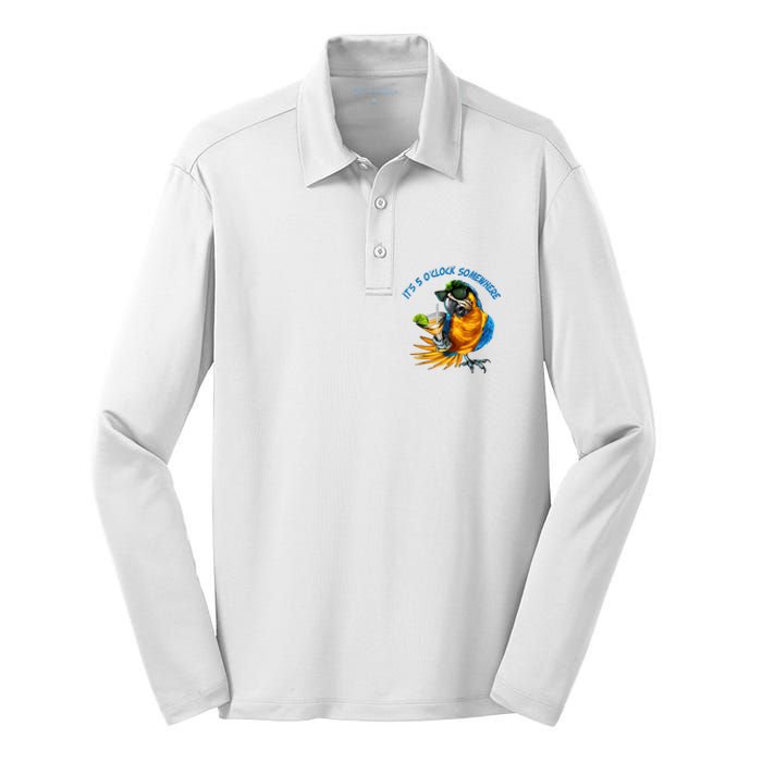 It Is 5 Oclock Somewhere Drinking Parrot Silk Touch Performance Long Sleeve Polo