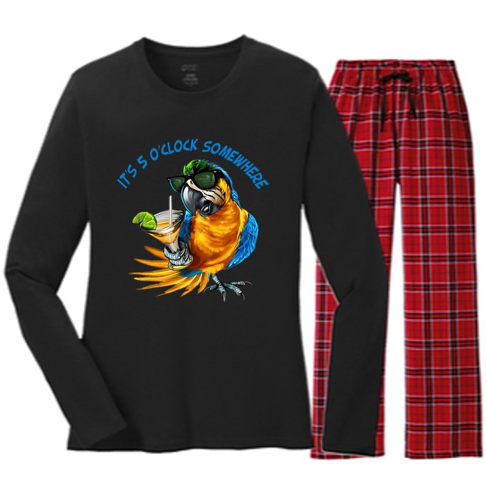 It Is 5 Oclock Somewhere Drinking Parrot Women's Long Sleeve Flannel Pajama Set 