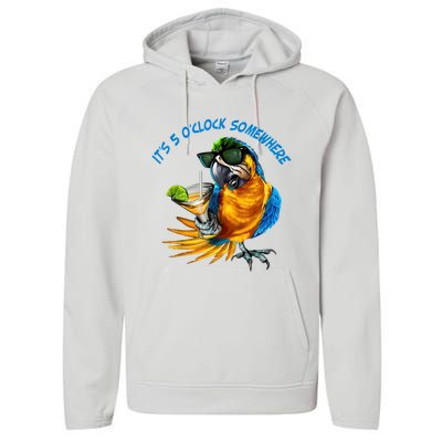 It Is 5 Oclock Somewhere Drinking Parrot Performance Fleece Hoodie